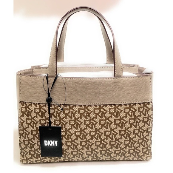 DKNY Purse Beckett Satchel Brown Beige Leather Crossbody Bag Top Handle Handbag - Picture 2 of 9